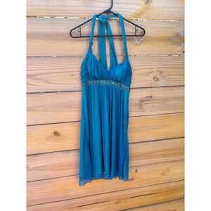 City Triangles Turquoise Blue Beaded Halter Mini Dress Y2K 8420-P692 Mens M